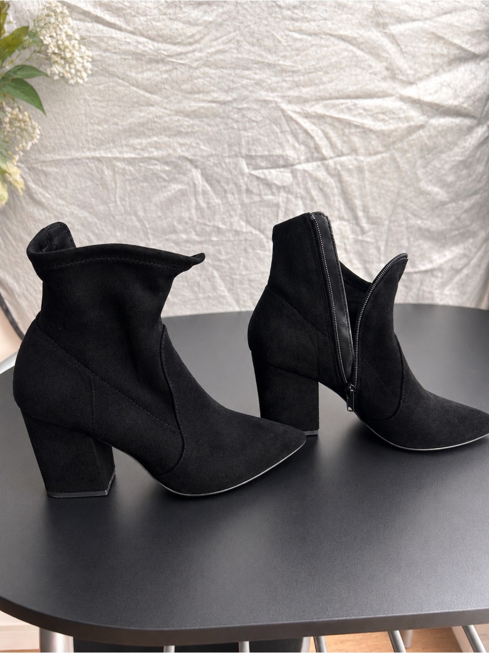 Express Black Suede-Look Block Heel Ankle Boots